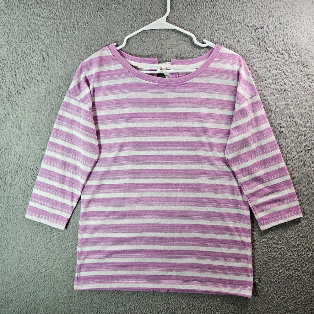T by Talbots Tee Top Women Small Bow Back Strech 3/4 Sleeve Purple White Striped